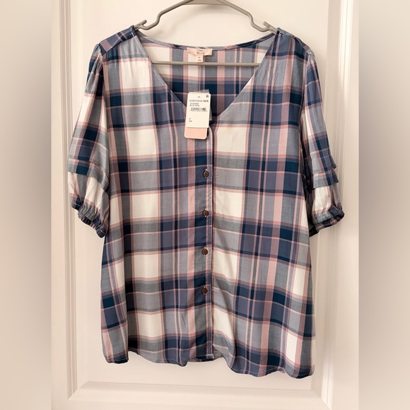 Como Vintage Tops - Como Vintage Blue and Pink Plaid Button-Down Shirt